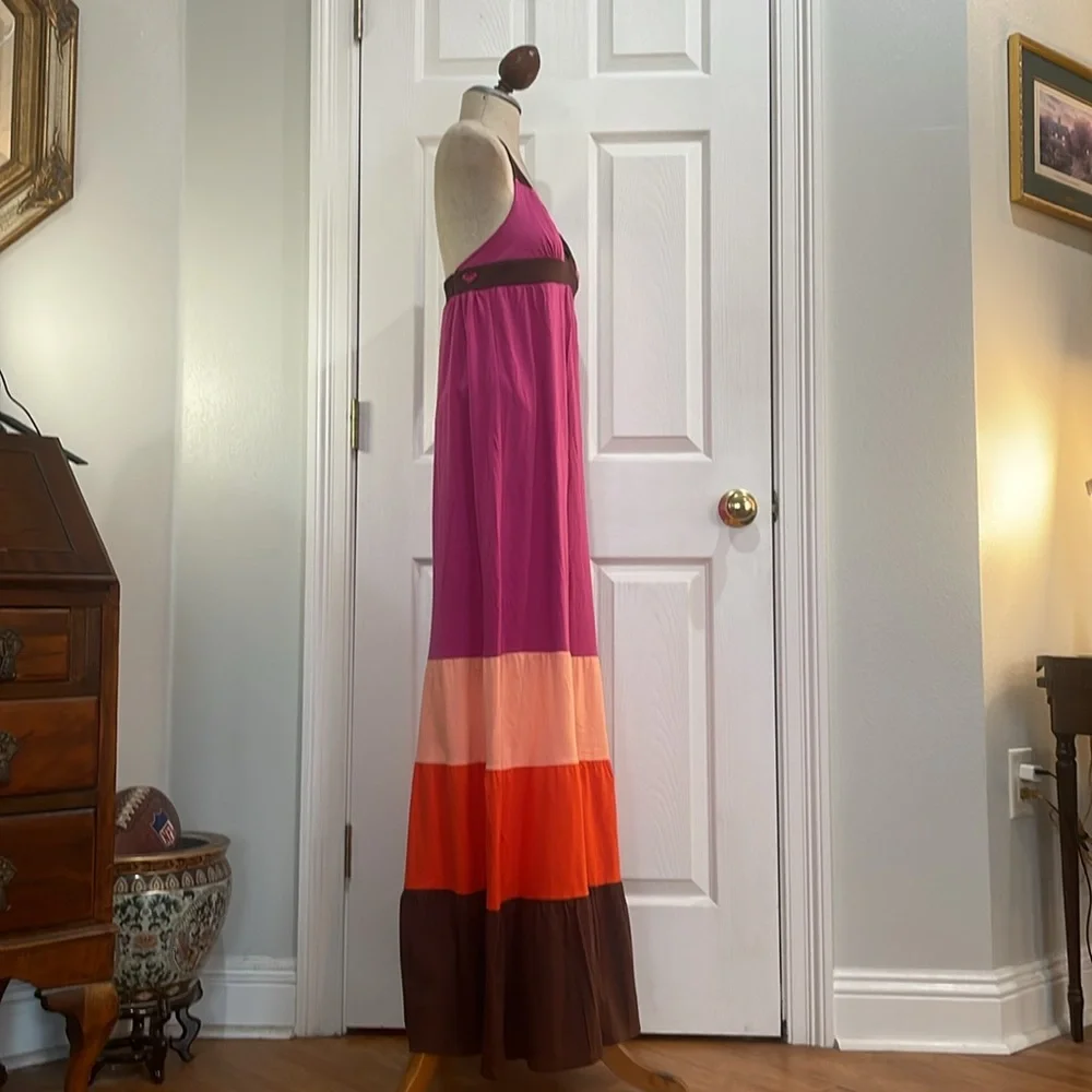 Roxy Maxi sun dress long halter style summer color block pink brown women size M - Picture 4 of 16